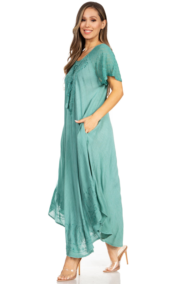 Sakkas Egan Women's Long Embroidered Caftan Dress / Cover Up With Embroidered Cap Sleeves