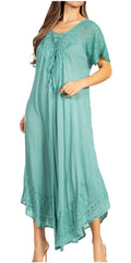 Sakkas Egan Women's Long Embroidered Caftan Dress / Cover Up With Embroidered Cap Sleeves#color_A-Seafoam