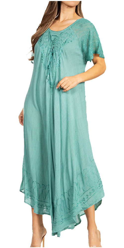 Sakkas Egan Women's Long Embroidered Caftan Dress / Cover Up With Embroidered Cap Sleeves