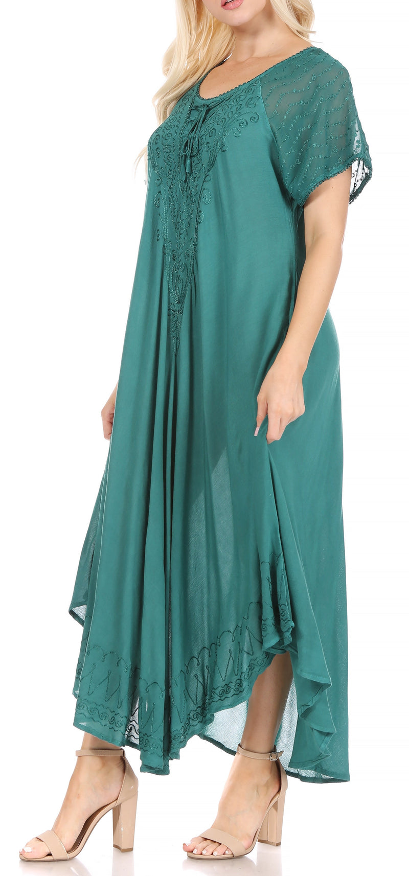 Sakkas Egan Women's Long Embroidered Caftan Dress / Cover Up With Embroidered Cap Sleeves