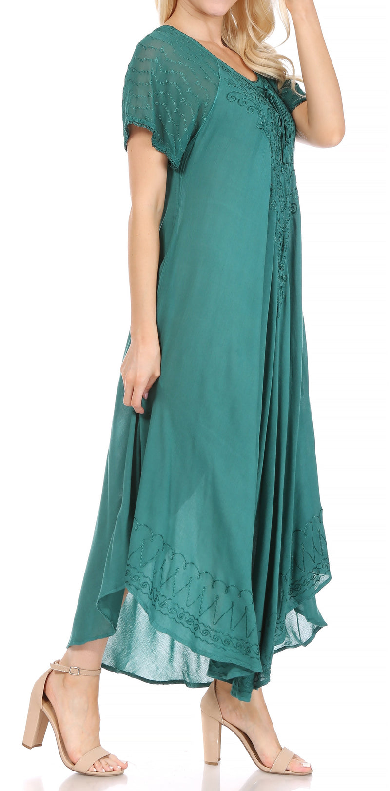 Sakkas Egan Women's Long Embroidered Caftan Dress / Cover Up With Embroidered Cap Sleeves