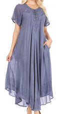 Sakkas Egan Women's Long Embroidered Caftan Dress / Cover Up With Embroidered Cap Sleeves#color_A-Indigo
