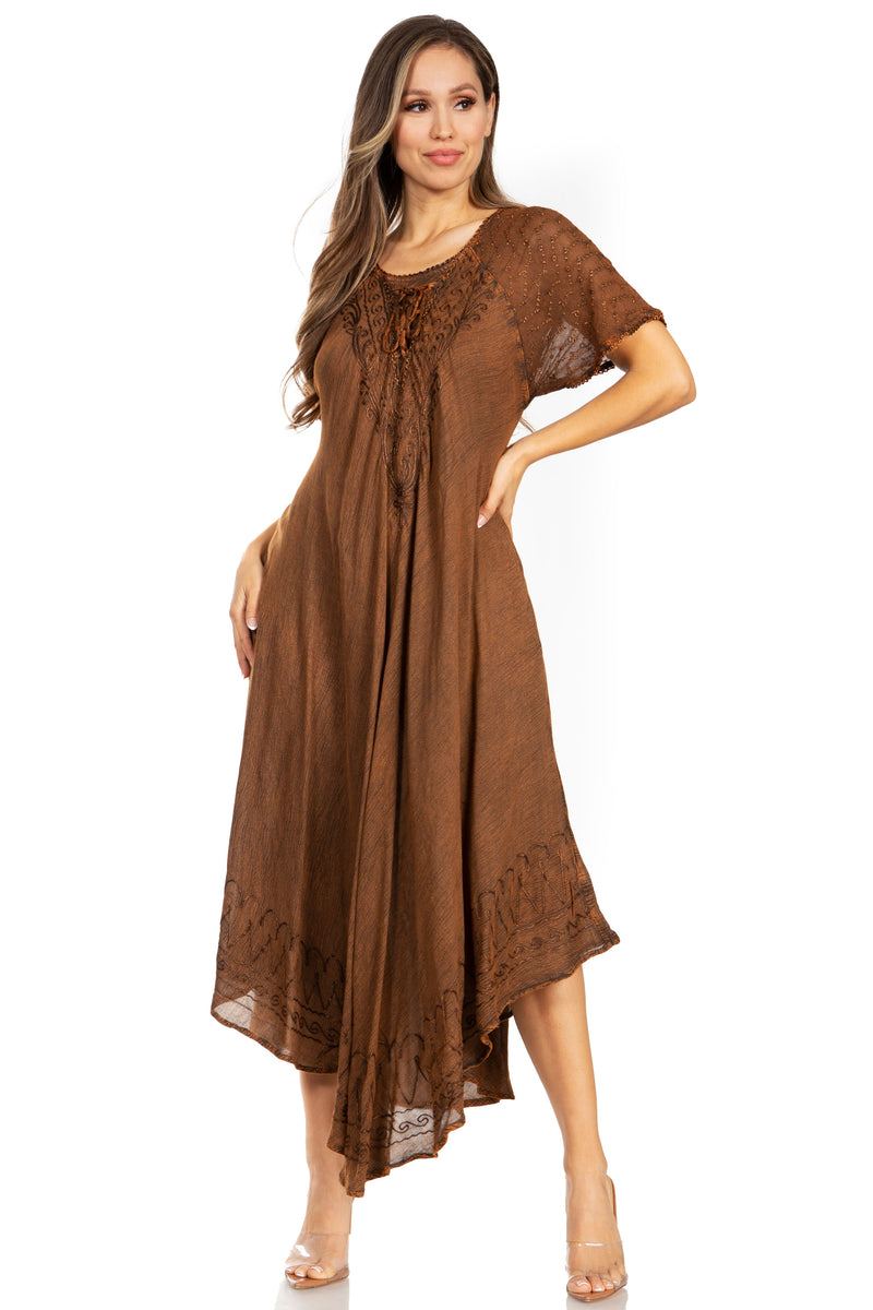 Sakkas Egan Women's Long Embroidered Caftan Dress / Cover Up With Embroidered Cap Sleeves