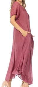 Sakkas Egan Women's Long Embroidered Caftan Dress / Cover Up With Embroidered Cap Sleeves