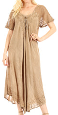 Sakkas Egan Women's Long Embroidered Caftan Dress / Cover Up With Embroidered Cap Sleeves#color_Beige 