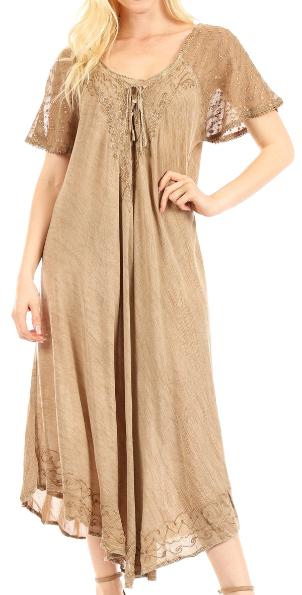 Sakkas Egan Women's Long Embroidered Caftan Dress / Cover Up With Embroidered Cap Sleeves#color_Beige