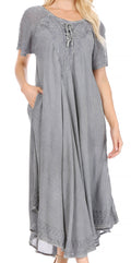 Sakkas Egan Women's Long Embroidered Caftan Dress / Cover Up With Embroidered Cap Sleeves#color_Grey 