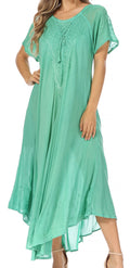 Sakkas Egan Women's Long Embroidered Caftan Dress / Cover Up With Embroidered Cap Sleeves#color_P-EmeraldGreen