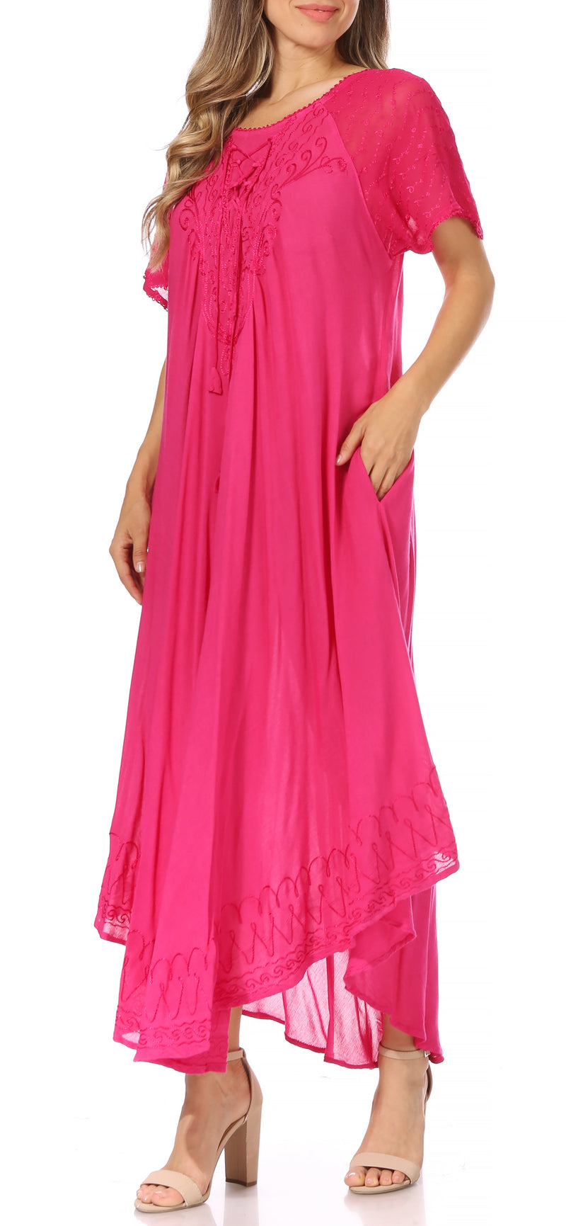 Sakkas Egan Women's Long Embroidered Caftan Dress / Cover Up With Embroidered Cap Sleeves