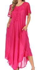 Sakkas Egan Women's Long Embroidered Caftan Dress / Cover Up With Embroidered Cap Sleeves#color_P-Fuschia