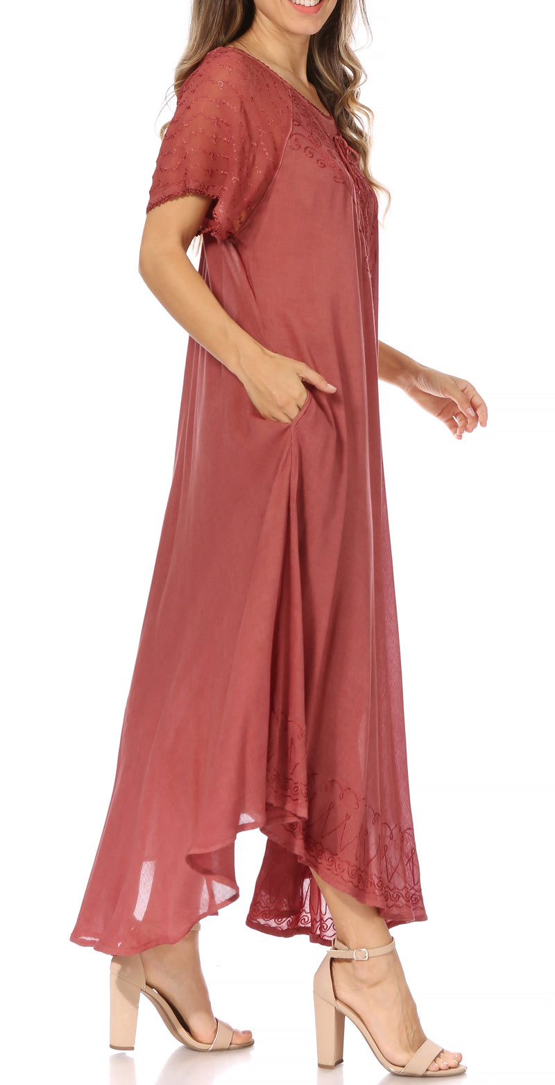 Sakkas Egan Women's Long Embroidered Caftan Dress / Cover Up With Embroidered Cap Sleeves