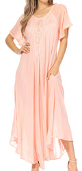 Sakkas Egan Women's Long Embroidered Caftan Dress / Cover Up With Embroidered Cap Sleeves#color_P-Peach