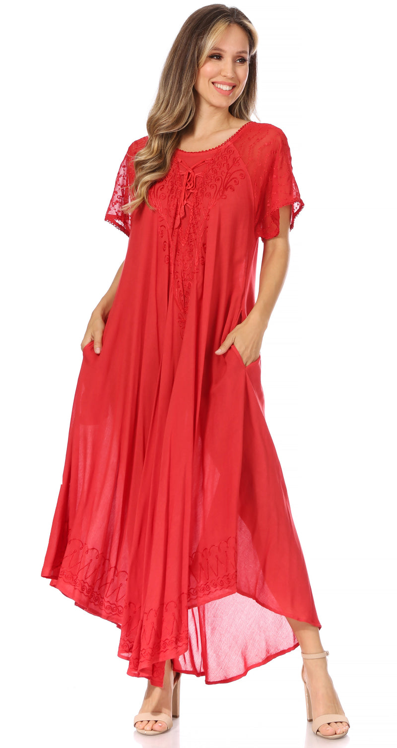 Sakkas Egan Women's Long Embroidered Caftan Dress / Cover Up With Embroidered Cap Sleeves