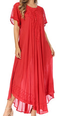 Sakkas Egan Women's Long Embroidered Caftan Dress / Cover Up With Embroidered Cap Sleeves#color_P-Red