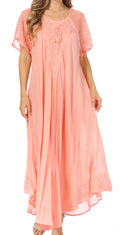 Sakkas Egan Women's Long Embroidered Caftan Dress / Cover Up With Embroidered Cap Sleeves#color_P-Salmon