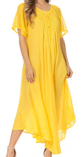 Sakkas Egan Women's Long Embroidered Caftan Dress / Cover Up With Embroidered Cap Sleeves#color_P-Yellow