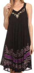 Sakkas Gasha Sleeveless Mid Length Caftan Dress With Embroidery Details And V Neck#color_Black/Purple