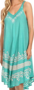 Sakkas Gasha Sleeveless Mid Length Caftan Dress With Embroidery Details And V Neck#color_Mint/White