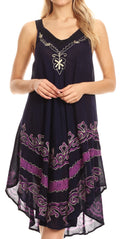 Sakkas Gasha Sleeveless Mid Length Caftan Dress With Embroidery Details And V Neck#color_Navy/Purple