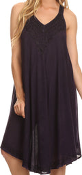 Sakkas Calais Mid Length Sleeveless Tank Top Detailed Embroidery Caftan Dress#color_Dark Purple