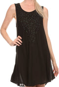 Sakkas Alechia Mid Length Tank Top Sleeveless Embroidered Caftan Dress / Cover Up#color_Black