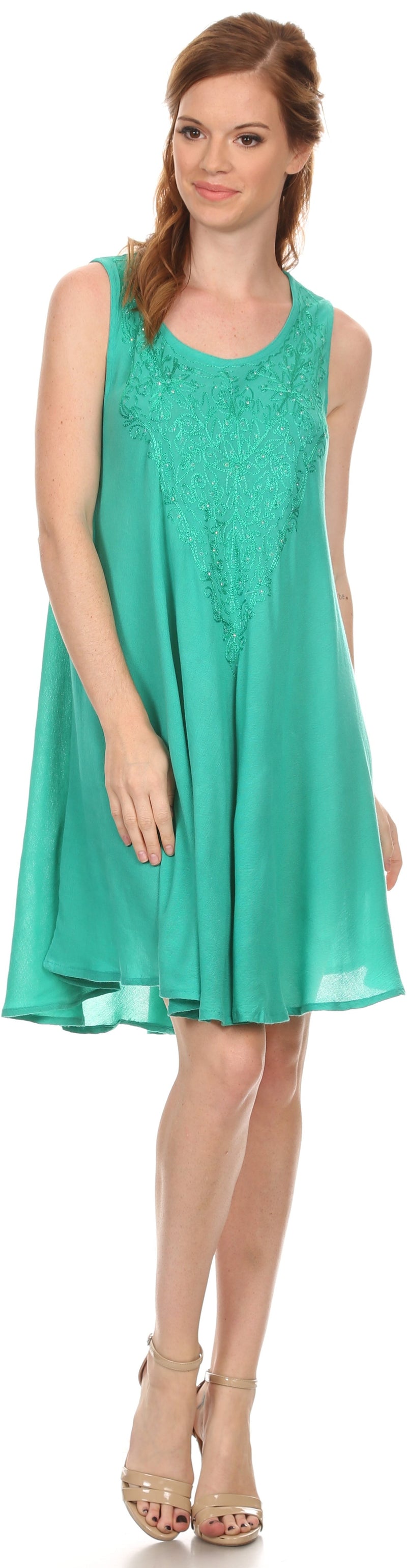 Sakkas Alechia Mid Length Tank Top Sleeveless Embroidered Caftan Dress / Cover Up