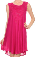 Sakkas Alechia Mid Length Tank Top Sleeveless Embroidered Caftan Dress / Cover Up#color_Fuchsia