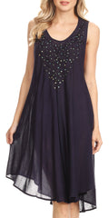 Sakkas Alechia Mid Length Tank Top Sleeveless Embroidered Caftan Dress / Cover Up#color_Navy