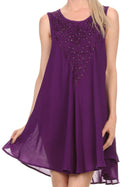 Sakkas Alechia Mid Length Tank Top Sleeveless Embroidered Caftan Dress / Cover Up#color_Purple