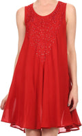 Sakkas Alechia Mid Length Tank Top Sleeveless Embroidered Caftan Dress / Cover Up#color_Red
