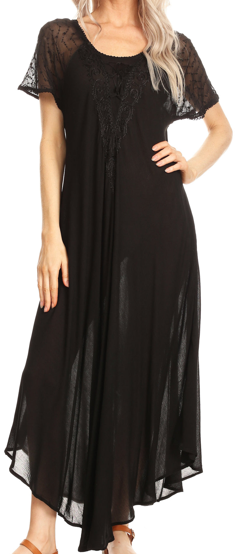 Sakkas Hayden Embroidered Lace-Up Caftan Dress / Cover Up with Eyelet Sleeves