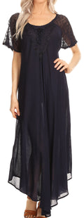 Sakkas Hayden Embroidered Lace-Up Caftan Dress / Cover Up with Eyelet Sleeves#color_Navy