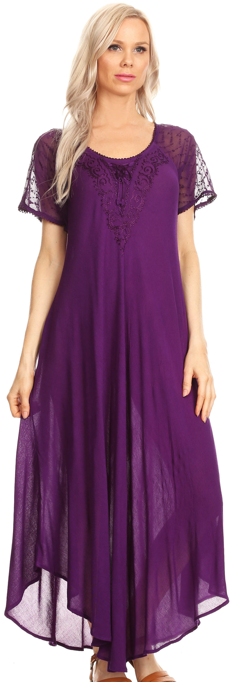 Sakkas Hayden Embroidered Lace-Up Caftan Dress / Cover Up with Eyelet Sleeves