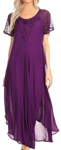 Sakkas Hayden Embroidered Lace-Up Caftan Dress / Cover Up with Eyelet Sleeves#color_Purple