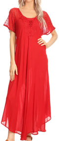 Sakkas Hayden Embroidered Lace-Up Caftan Dress / Cover Up with Eyelet Sleeves#color_Red