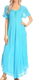Sakkas Hayden Embroidered Lace-Up Caftan Dress / Cover Up with Eyelet Sleeves#color_Turquoise