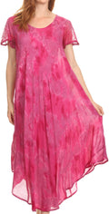 Sakkas Sayli Long Tie Dye Cap Sleeve Embroidered Wide Neck Caftan Dress / Cover Up#color_Fuchsia