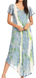 Sakkas Sayli Long Tie Dye Cap Sleeve Embroidered Wide Neck Caftan Dress / Cover Up#color_Grey/White