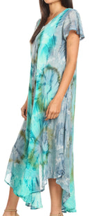 Sakkas Sayli Long Tie Dye Cap Sleeve Embroidered Wide Neck Caftan Dress / Cover Up