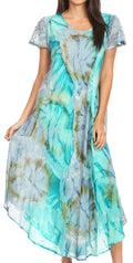 Sakkas Sayli Long Tie Dye Cap Sleeve Embroidered Wide Neck Caftan Dress / Cover Up#color_Green/Grey