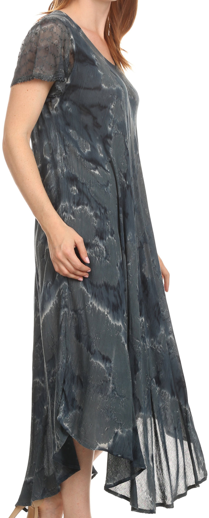 Sakkas Sayli Long Tie Dye Cap Sleeve Embroidered Wide Neck Caftan Dress / Cover Up