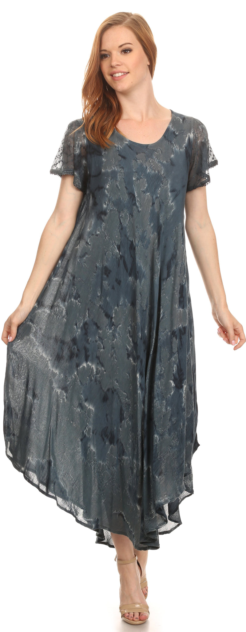 Sakkas Sayli Long Tie Dye Cap Sleeve Embroidered Wide Neck Caftan Dress / Cover Up