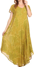 Sakkas Sayli Long Tie Dye Cap Sleeve Embroidered Wide Neck Caftan Dress / Cover Up#color_Olive