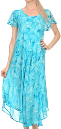 Sakkas Sayli Long Tie Dye Cap Sleeve Embroidered Wide Neck Caftan Dress / Cover Up#color_Turquoise