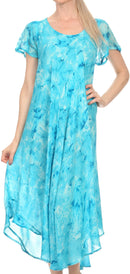 Sakkas Sayli Long Tie Dye Cap Sleeve Embroidered Wide Neck Caftan Dress / Cover Up