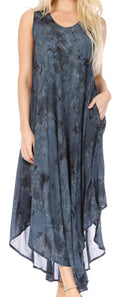 Sakkas Laeila Tie Dye Washed Tall Long Sleeveless Tank Top Caftan Dress / Cover Up#color_InkBlue