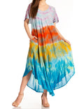 Sakkas Kaylaye Long Tie Dye Ombre Embroidered Cap Sleeve Caftan Dress / Cover Up#color_Turquoise
