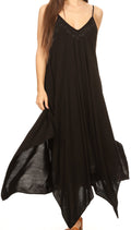 Sakkas Eleonora Stonewashed Embroidered Spaghetti Strap Handkerchief Dress#color_Black
