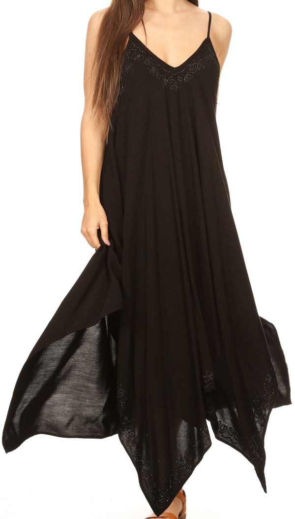 Sakkas Eleonora Stonewashed Embroidered Spaghetti Strap Handkerchief Dress#color_Black