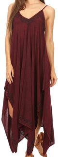 Sakkas Eleonora Stonewashed Embroidered Spaghetti Strap Handkerchief Dress#color_Burgundy